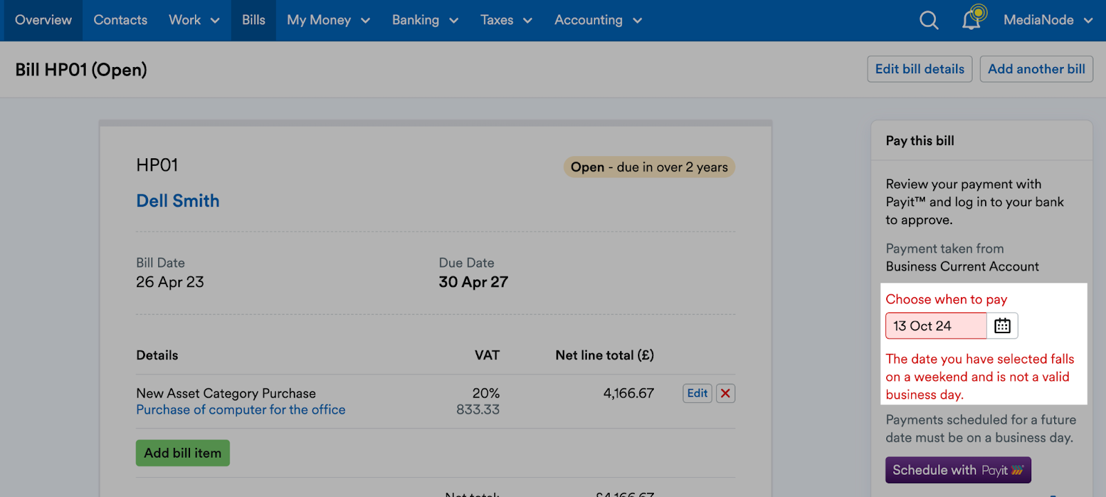 Error message saying the date selected is a weekend and not a valid business day.