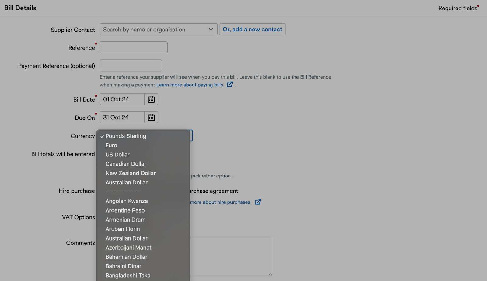 Drop down menu listing supported currencies.