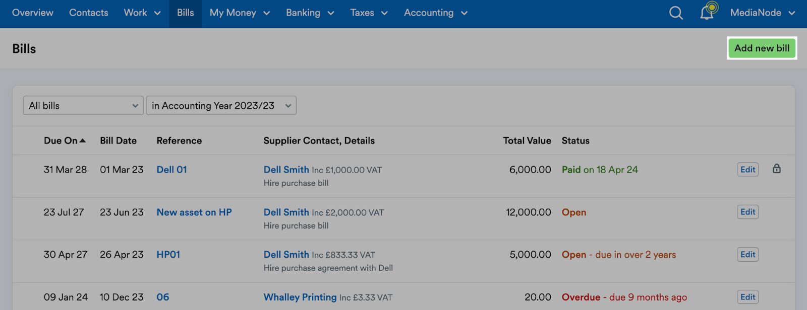 'Add new bill' button highlighted in Bills page header.