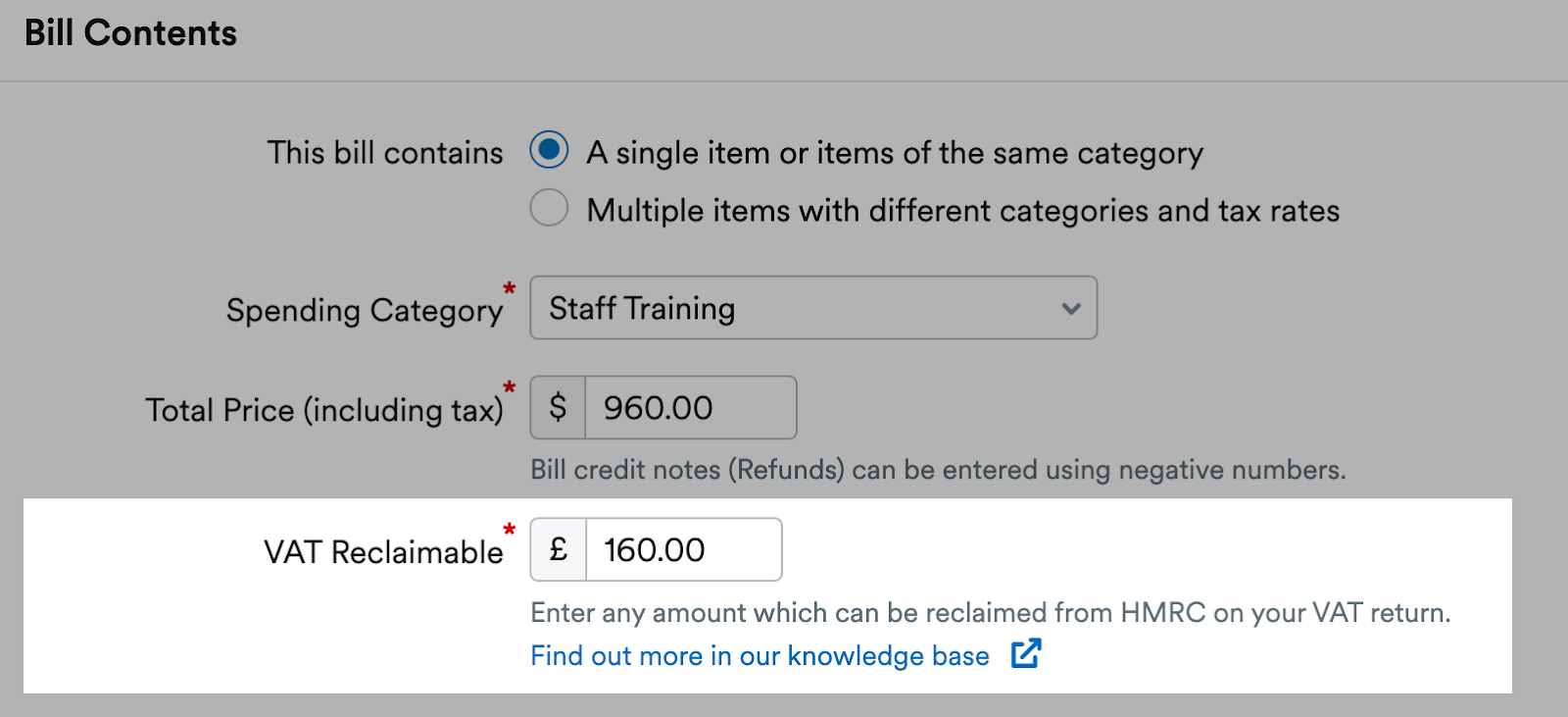 VAT Reclaimable box highlighted in Bill Contents area.