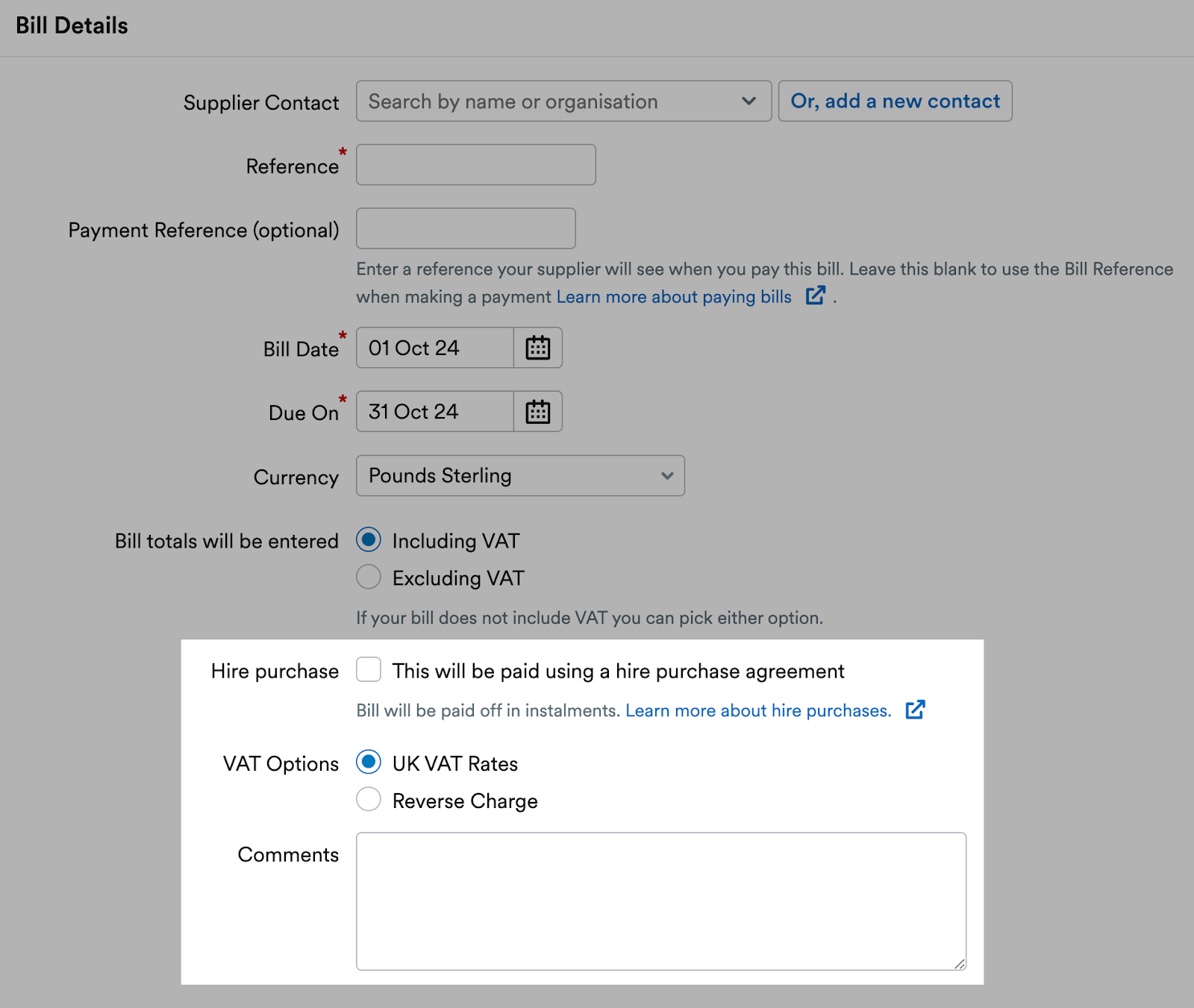 Hire purchase, VAT Options and Comments sections highlighted in Bill Details area.