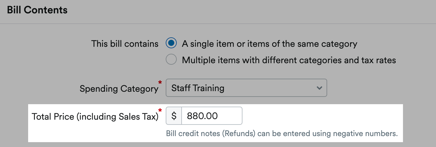 Box to enter 'Total Price (including Sales Tax)' highlighted in Bill Contents area.