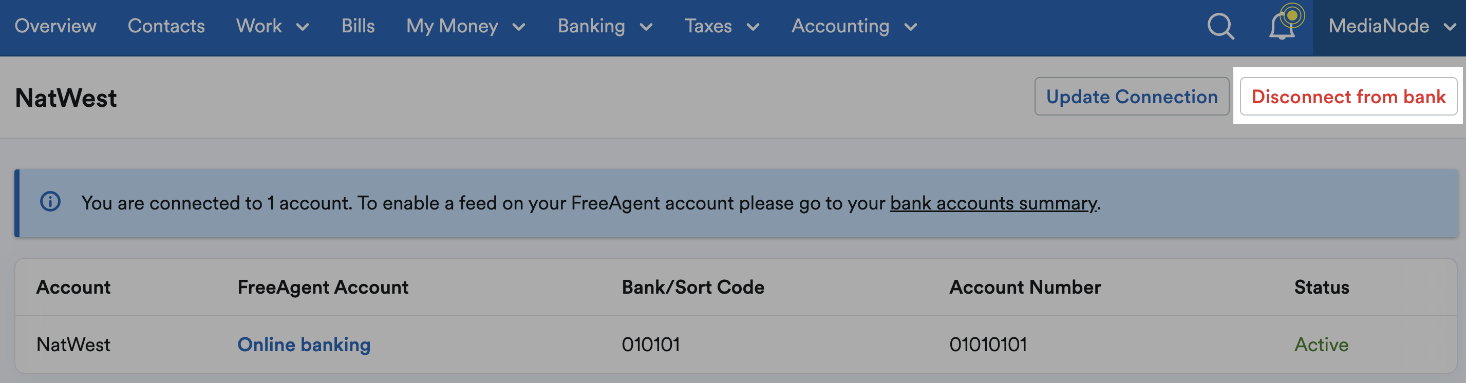 Disconnect from bank button highlighted