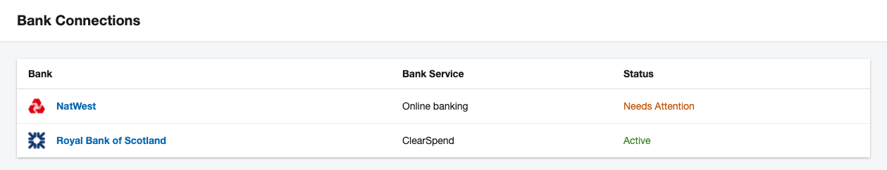 Bank Connections section showing active bank feeds
