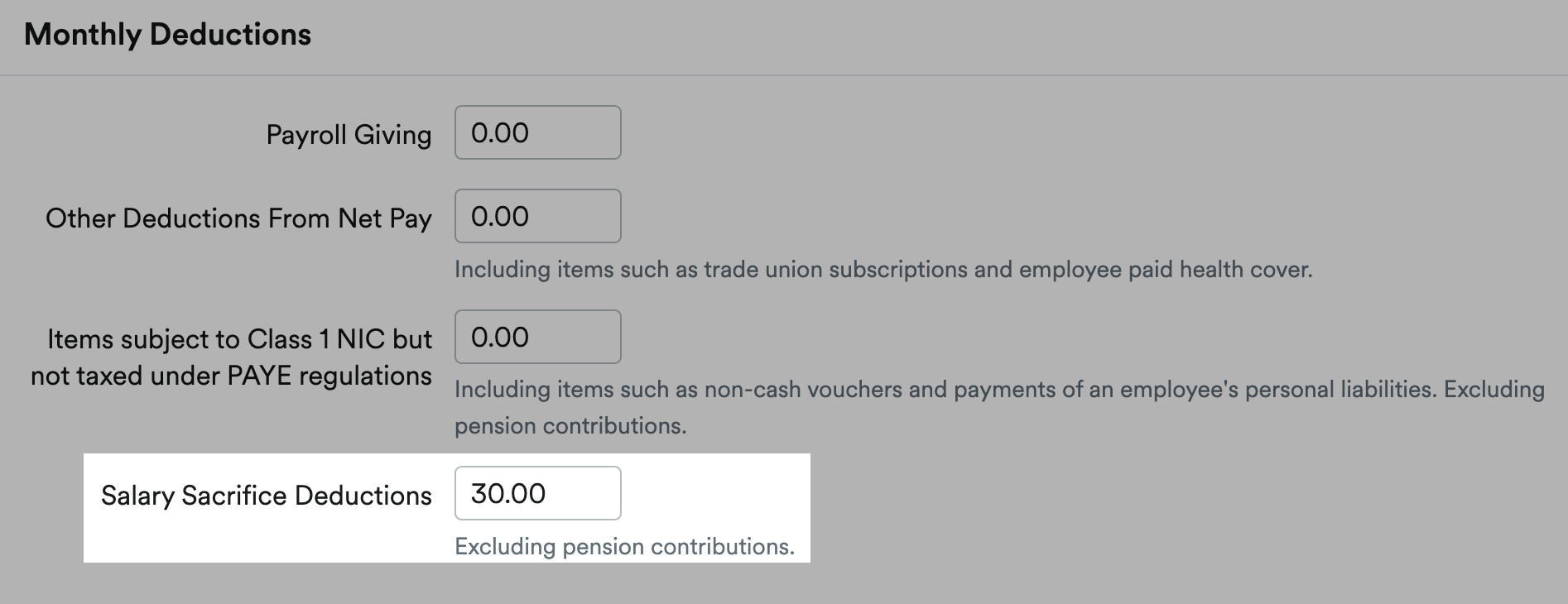 Salary Sacrifice Deductions box highlighted in Monthly Deductions section.