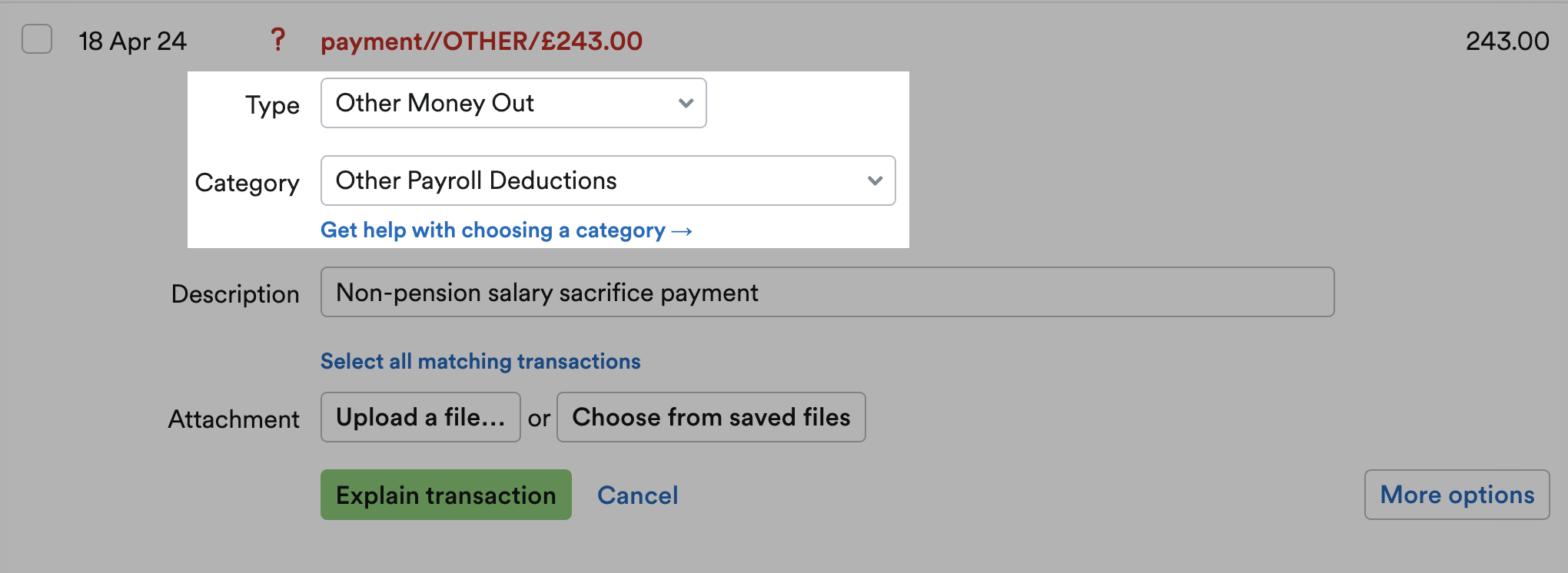 Transaction explanation with Type of Other Money Out and Category of Other Payroll Deductions.