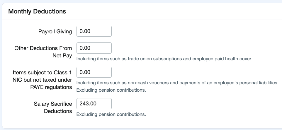 Monthly Deductions area with Salary Sacrifice Deductions input.