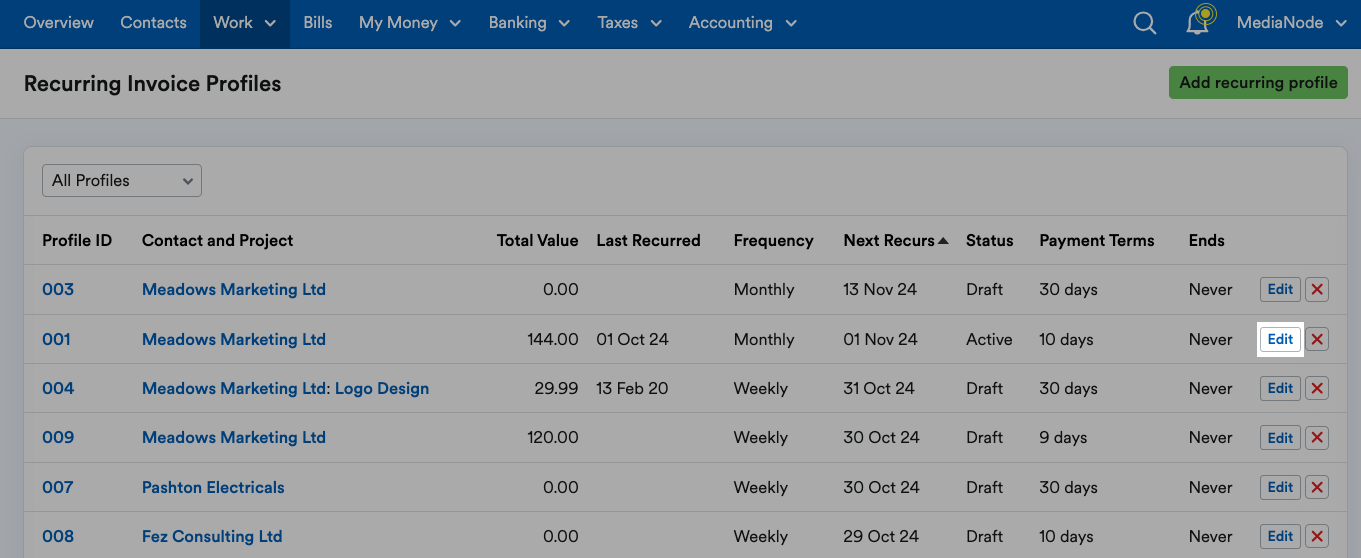 'Edit' button highlighted next to a recurring invoice profile.
