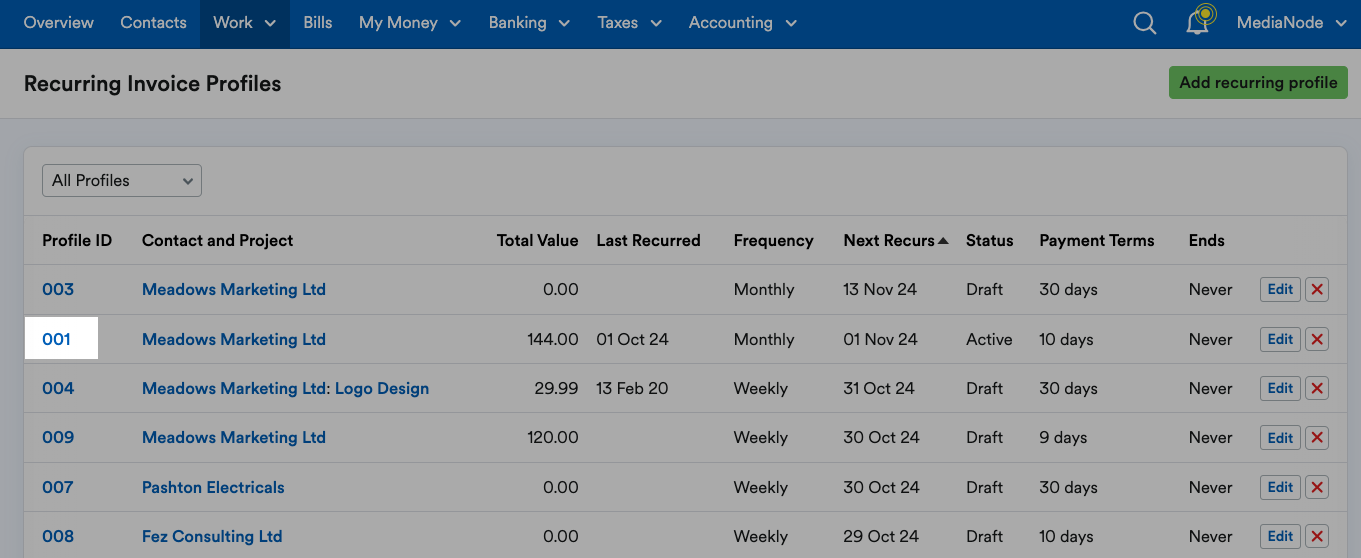 A Profile ID highlighted on a list of Profile IDs.