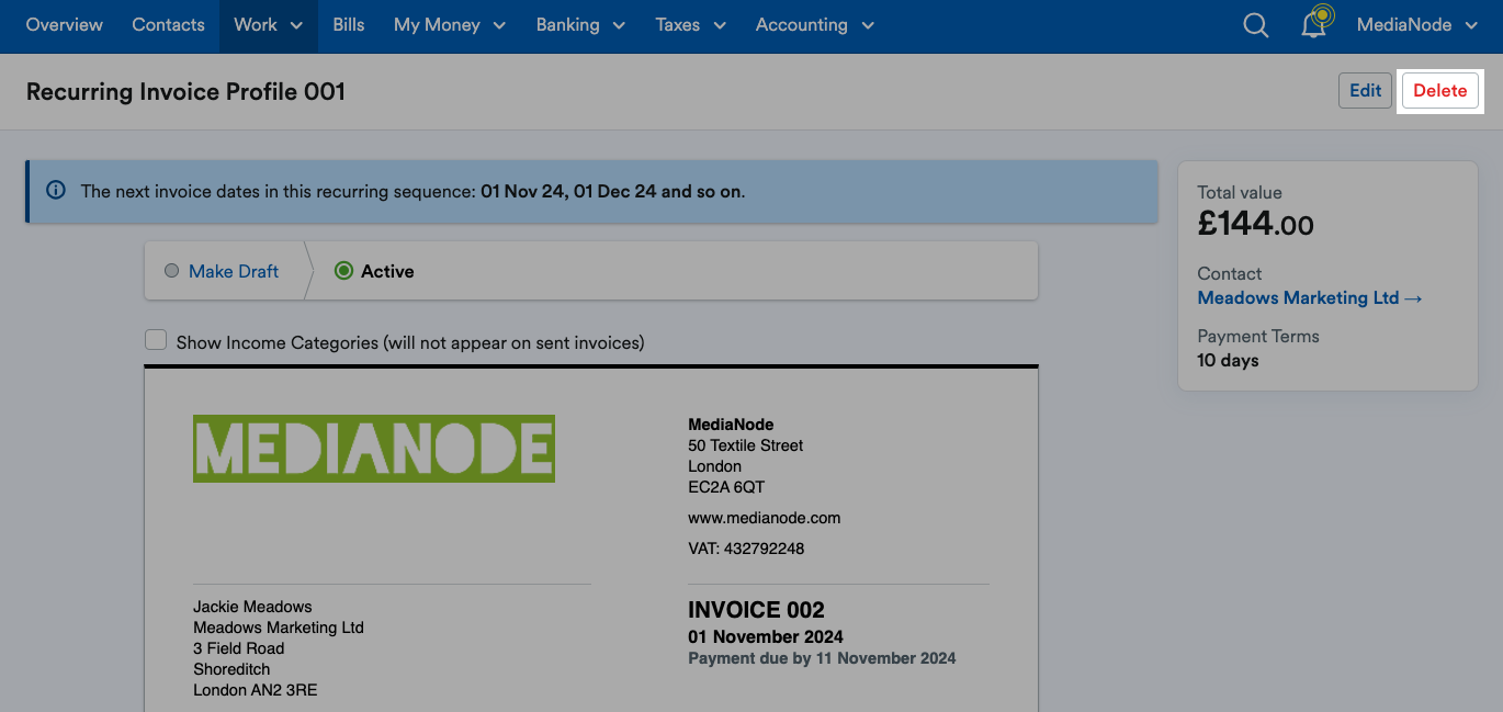 'Delete' button highlighted at the top of a recurring invoice profile page.