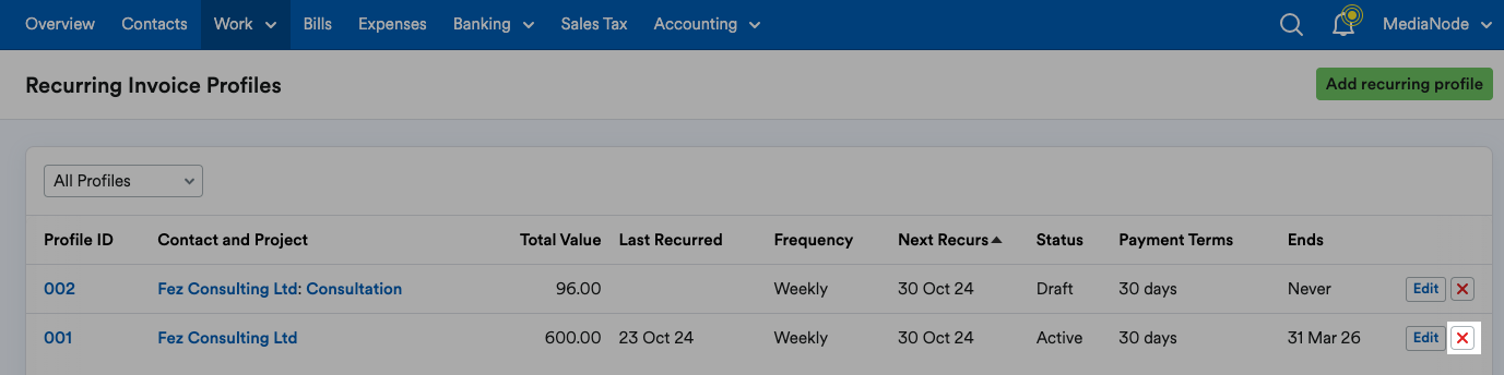 Red cross button highlighted next to a recurring invoice profile.
