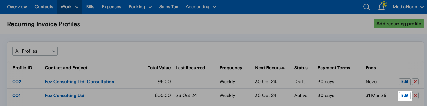 'Edit' button highlighted next to a recurring invoice profile.