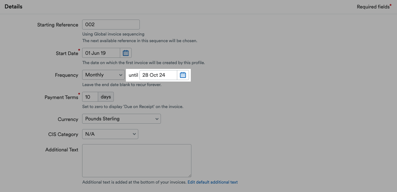 'until' box with date picker highlighted next to 'frequency' box in Details section.