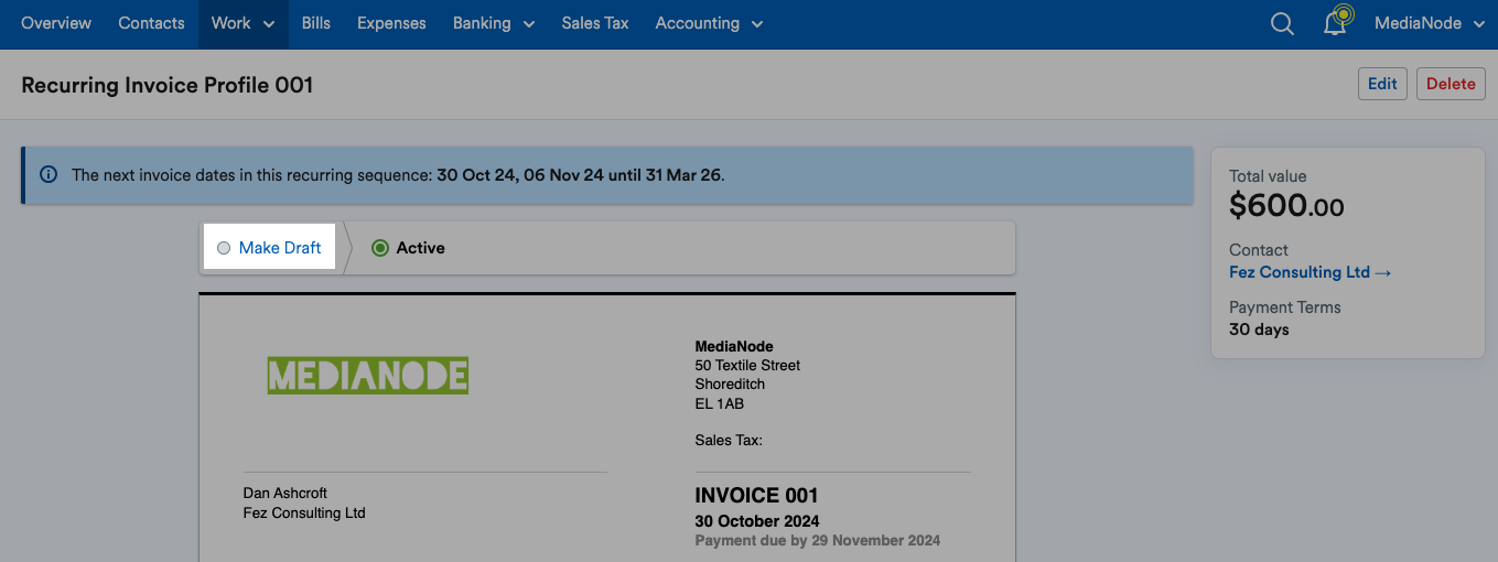 'Make Draft' button highlighted at the top of a recurring invoice preview.