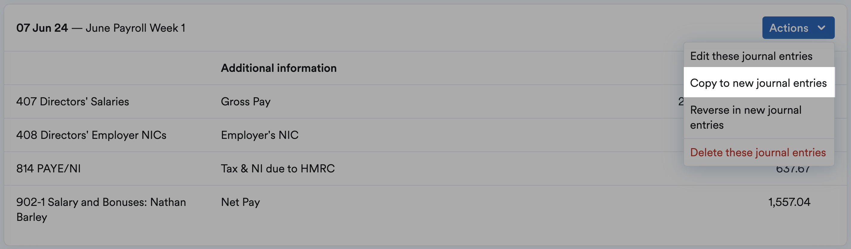Copy new journal option highlighted within Actions drop-down menu