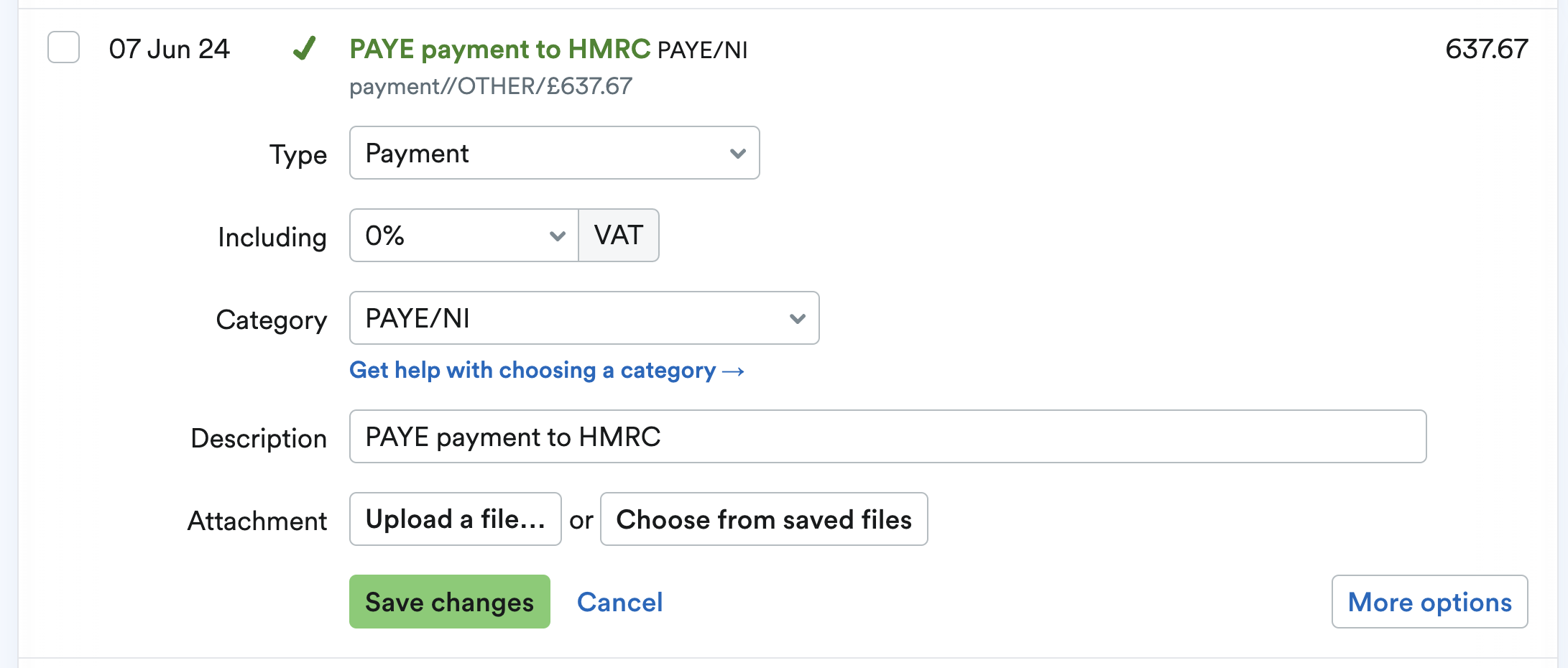Bank transaction being explained as a PAYE payment to HMRC