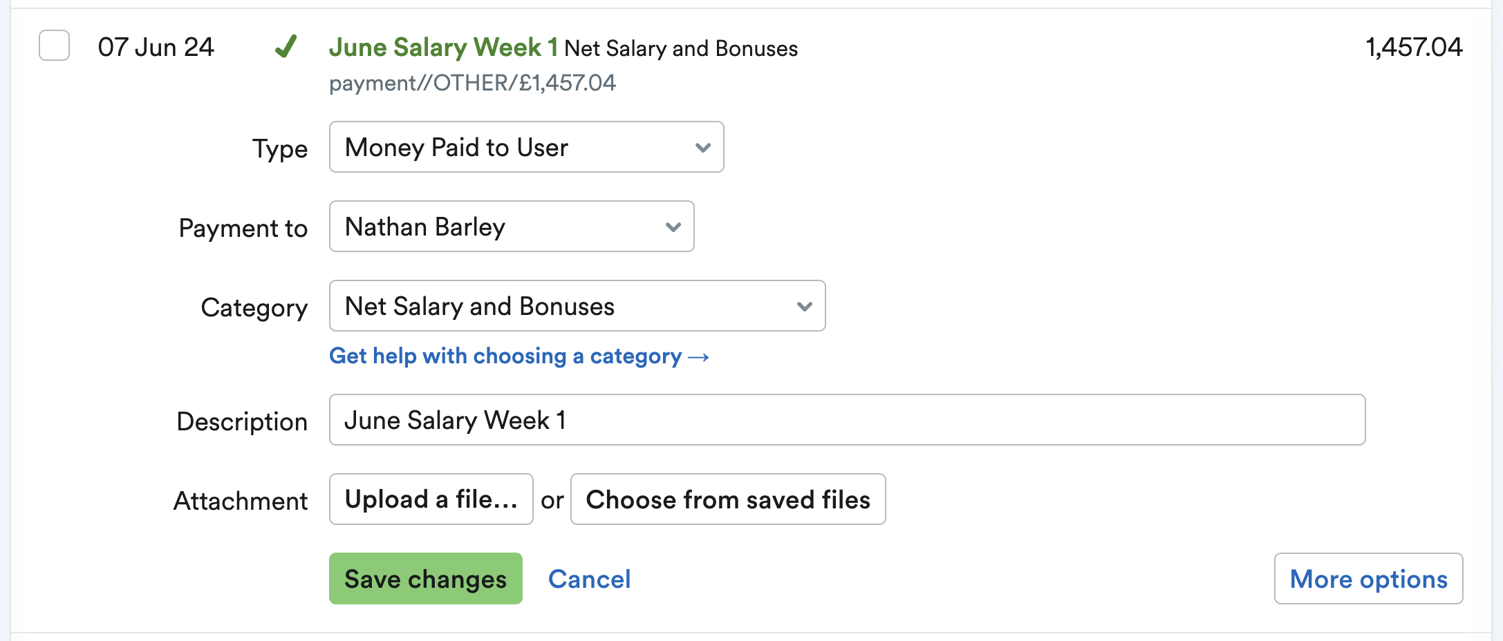 Bank transaction being explained as a salary payment