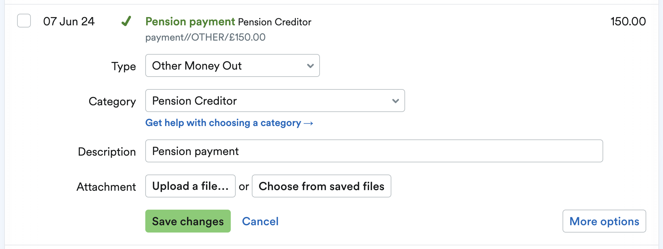 Bank transaction being explained as a pension payment