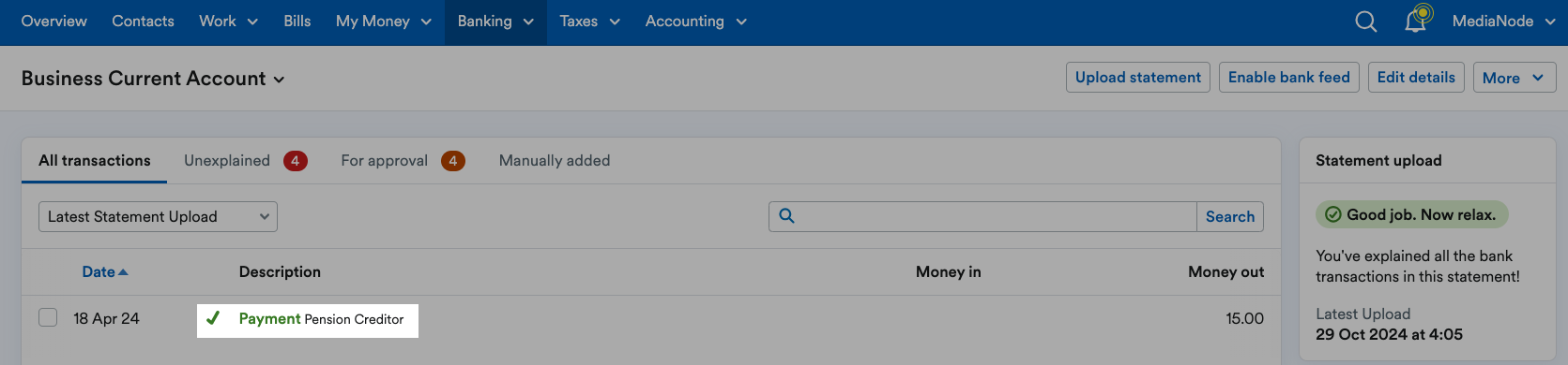 Example original payment highlighted in list of explained transactions.