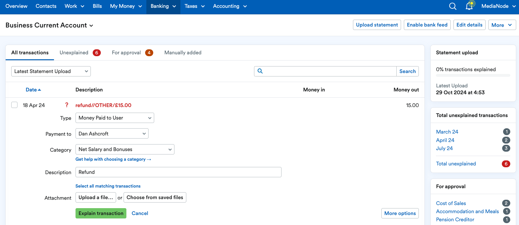 Example explanation with Type as 'Money Paid to User' and Category as 'Net Salary and Bonuses'.