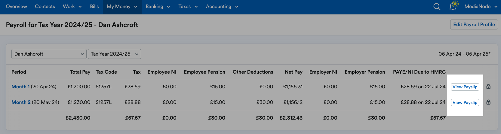 'View Payslip' button highlighted next to months of payroll.