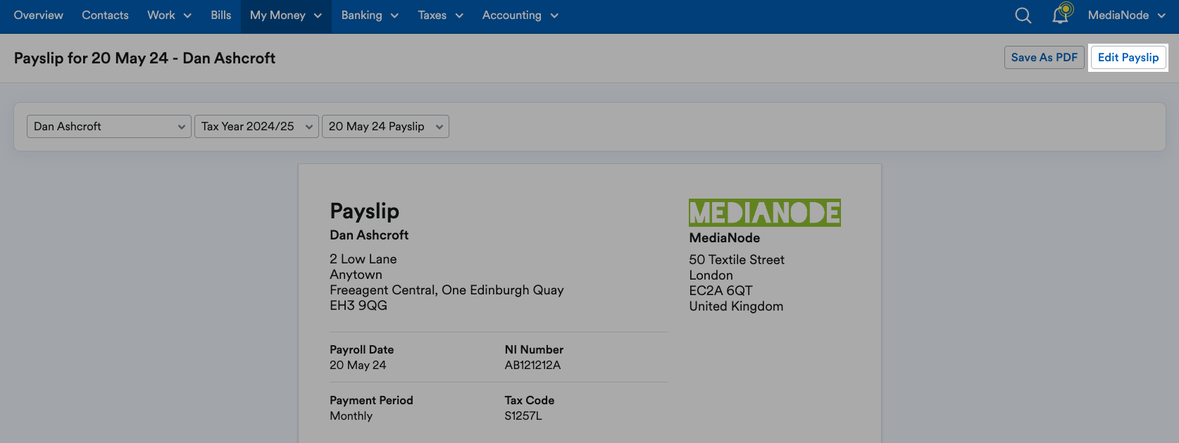 'Edit Payslip' button highlighted at the top of the page.