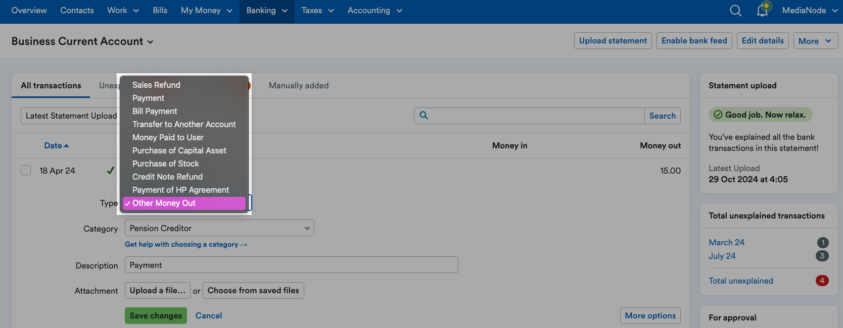'Other Money Out' highlighted on drop-down menu of Types.