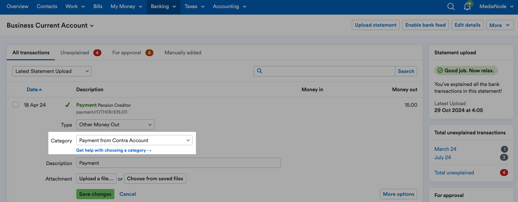 Category highlighted and set to 'Payment from Contra Account'.