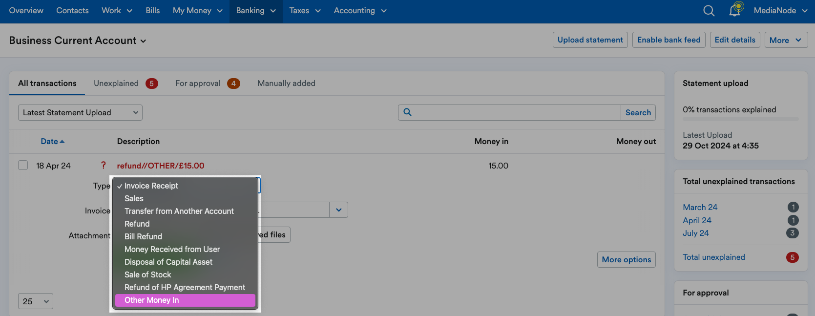 'Other Money In' highlighted on drop down menu of Types.