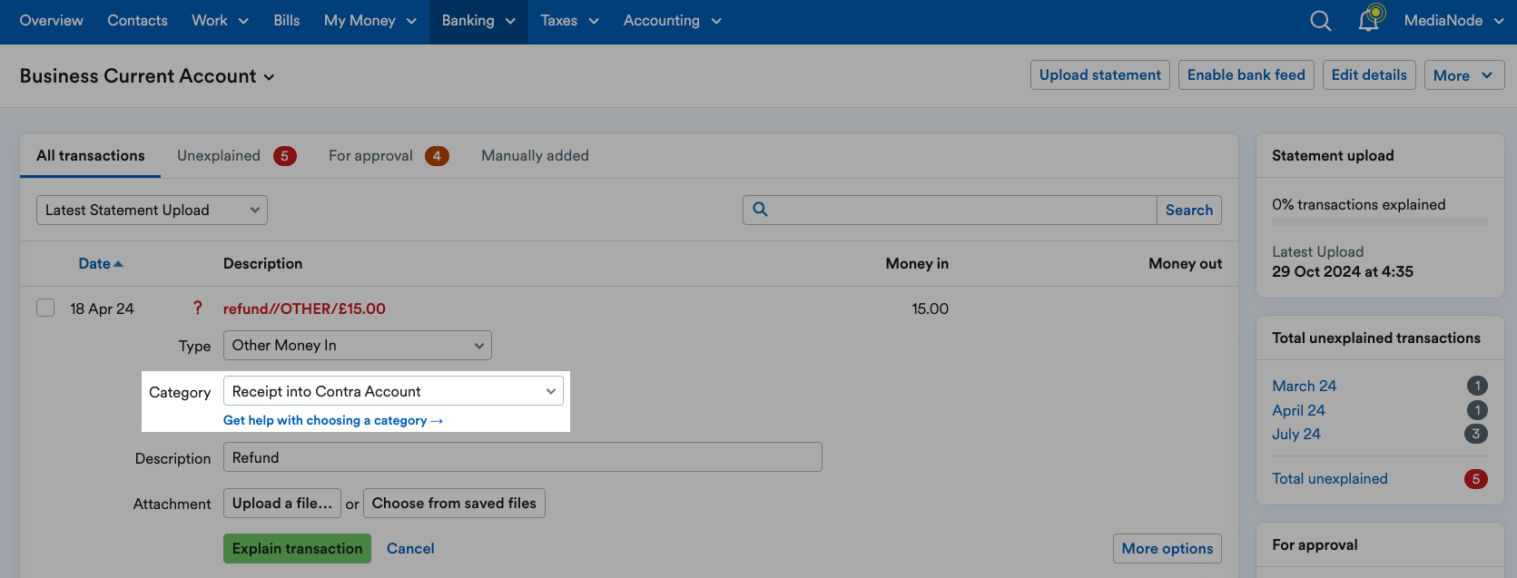 Category highlighted and set to 'Receipt into Contra Account'.