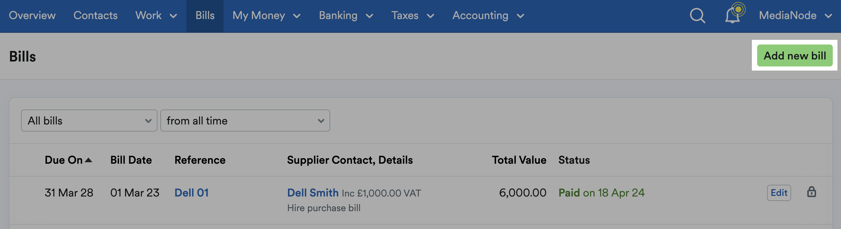 Screenshot of bills page with the add new bill button highlighted
