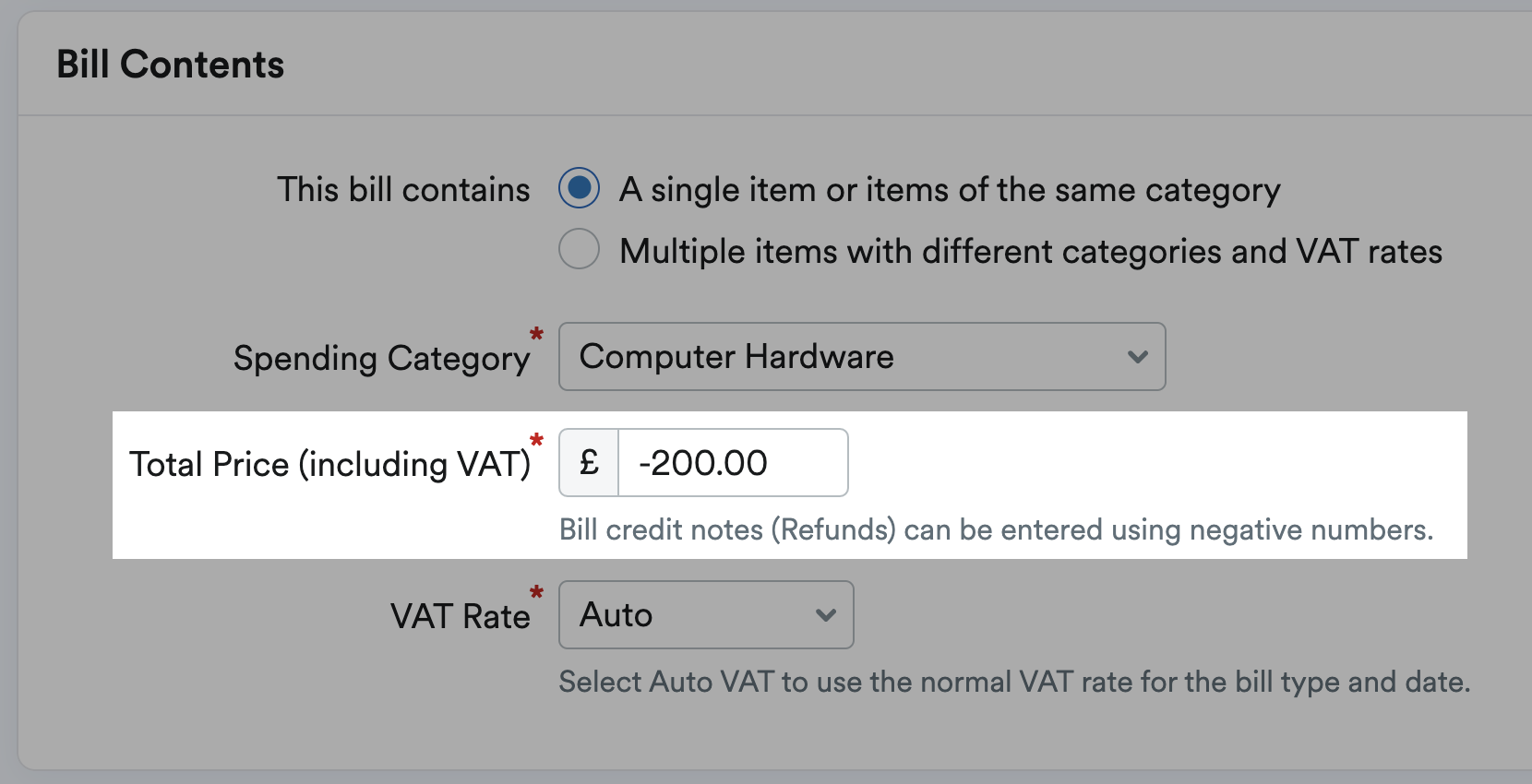 screenshot of total price field with negative amount highlighted
