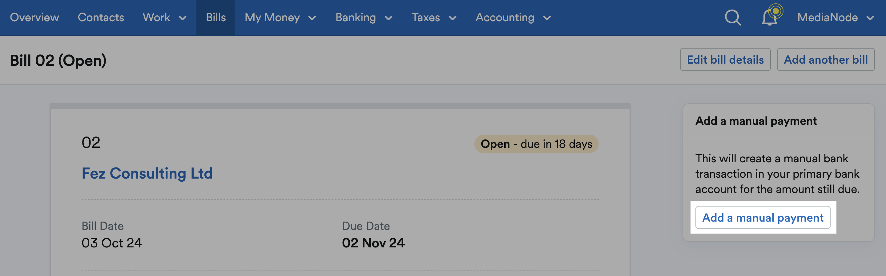 Screenshot of a bill with 'Add a manual payment' highlighted