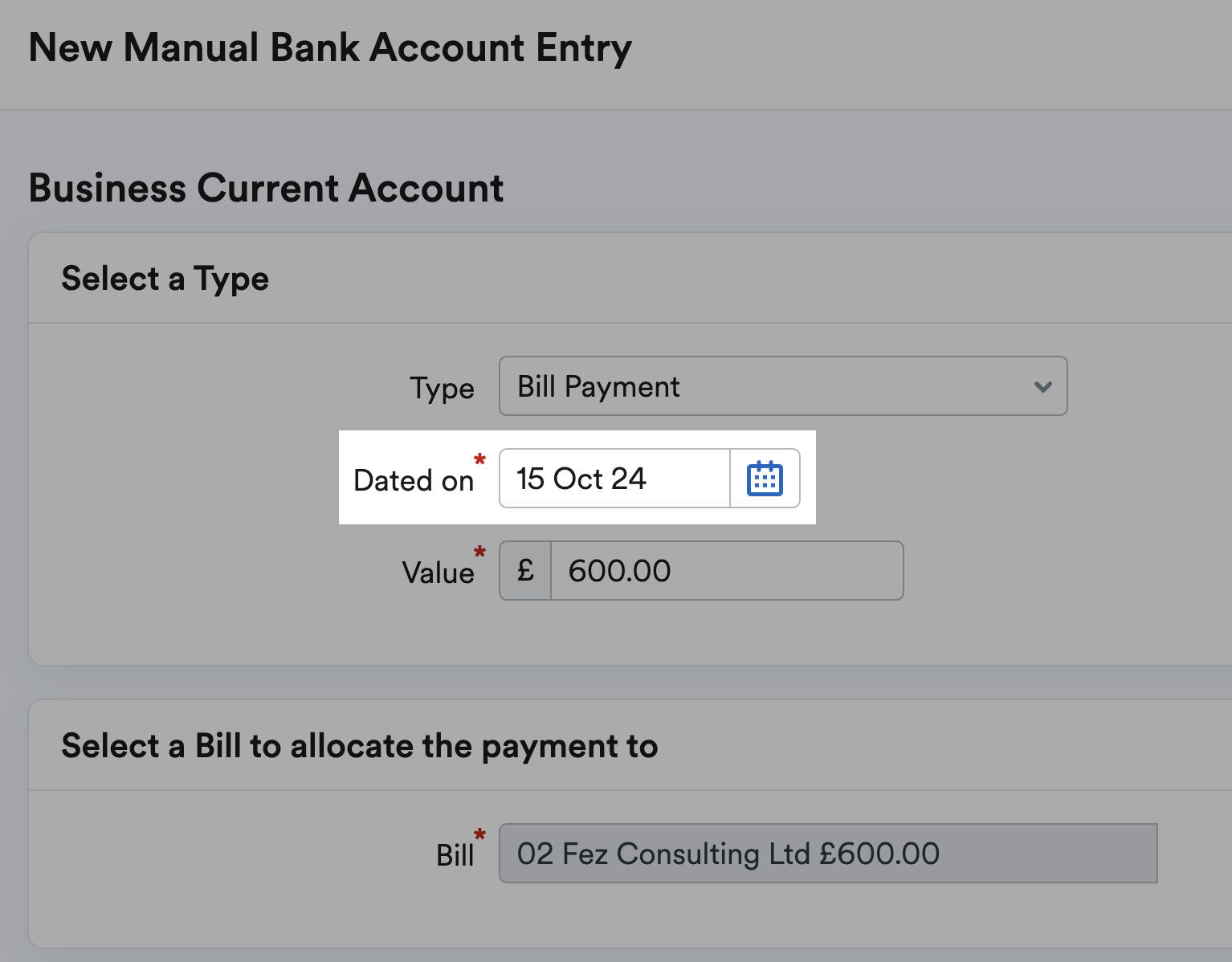 Screenshot of new manual transaction screen and 'Dated on' field highlighted