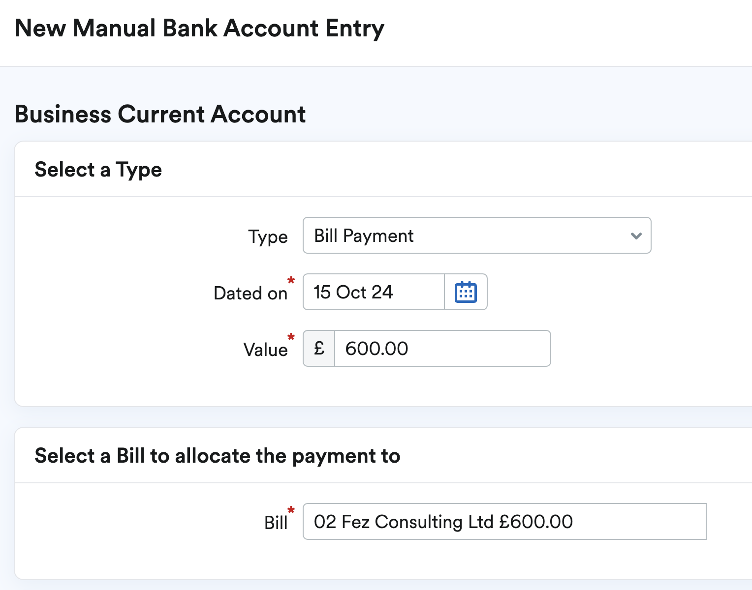 Screenshot of manual bank transaction being added