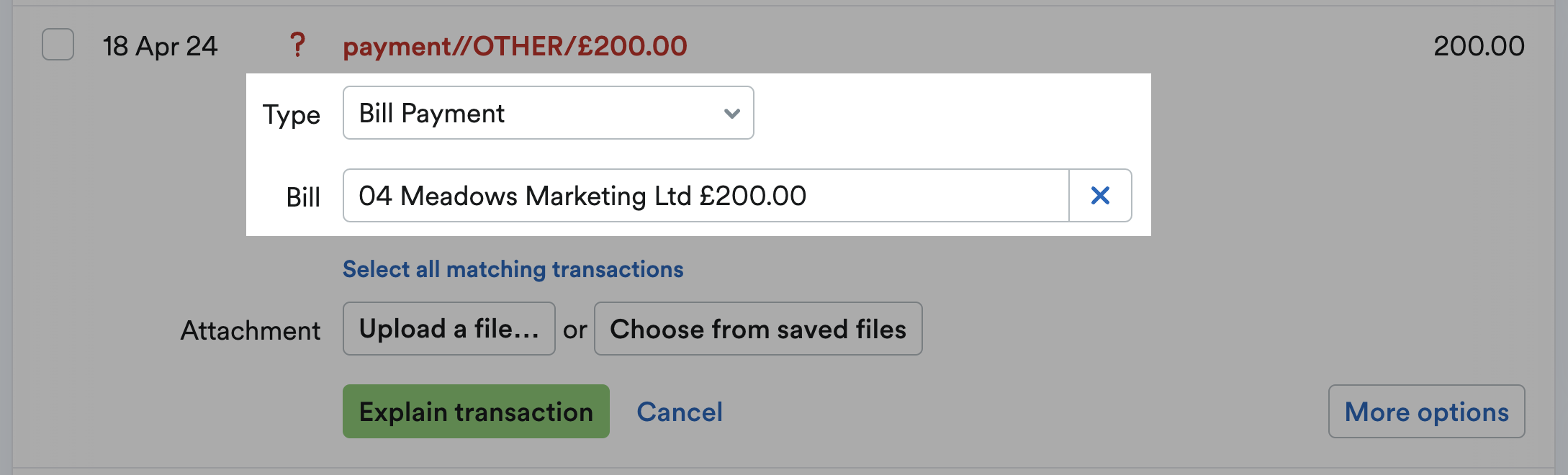 Screenshot showing a transaction being explained as a bill payment