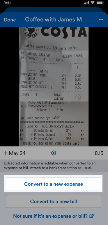 'Conver to a new expense highlighted on Capture.
