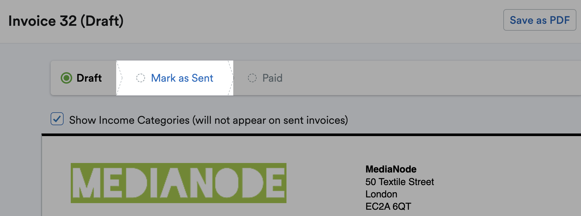 Screenshot showing the mark as sent button highlighted above the invoice.png