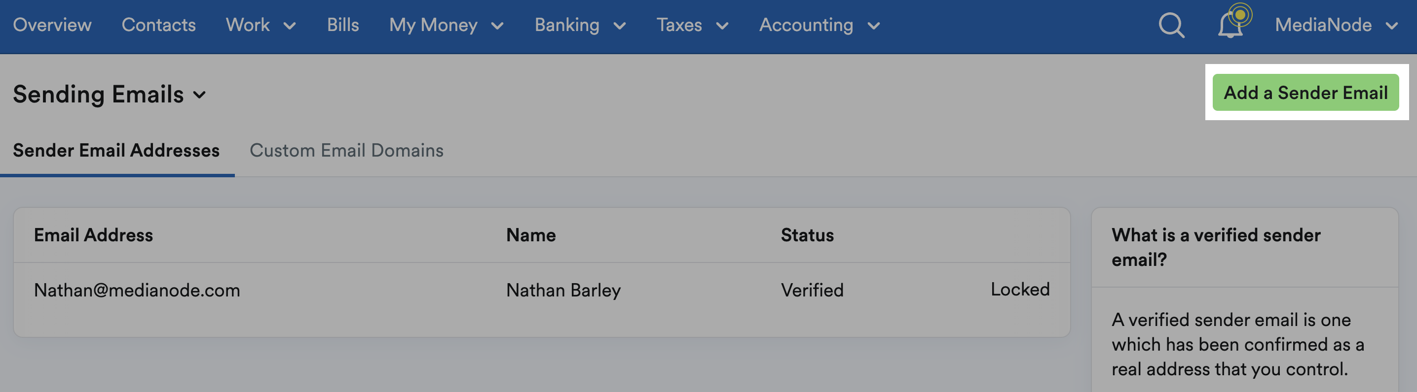 Add a sender email button highlighted