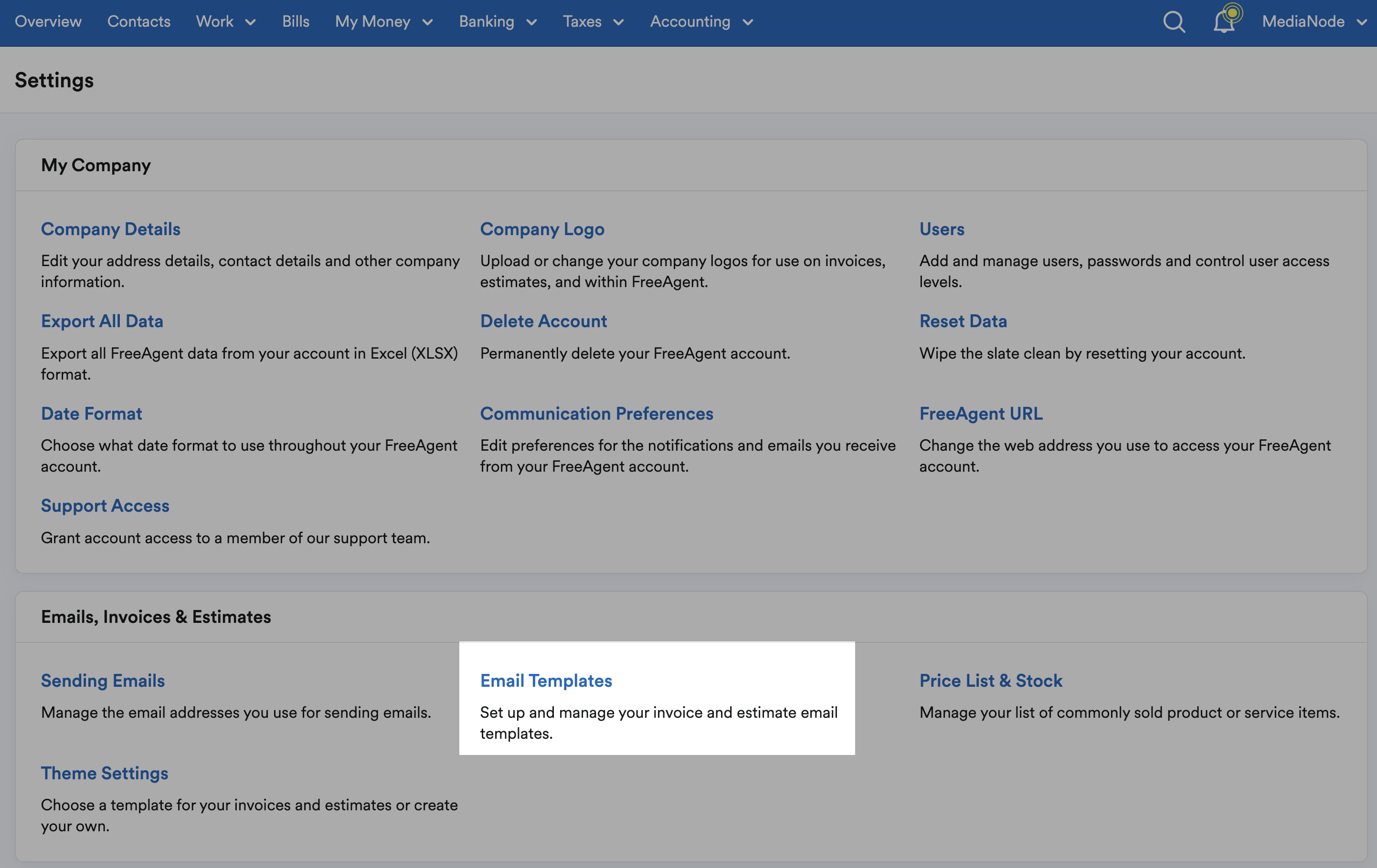 Email Templates highlighted in Settings area