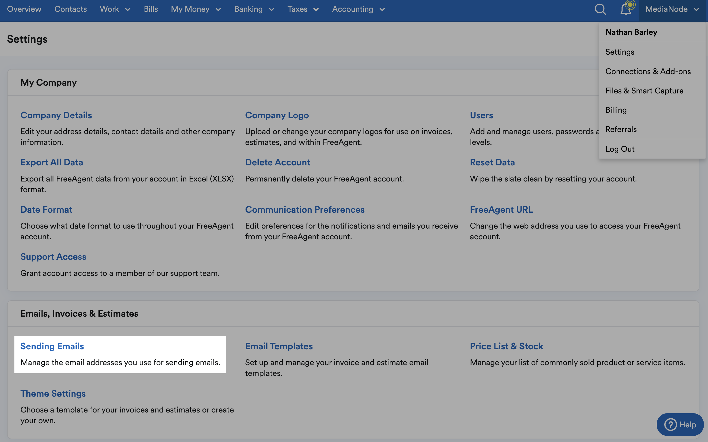 Sending emails option highlighted in settings area