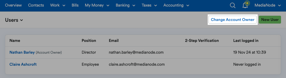 'Change Account Owner' button highlighted at the top of the page.