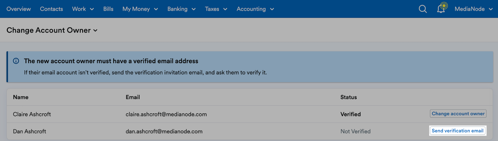 'Send verification email' button highlighted next to not verified user.