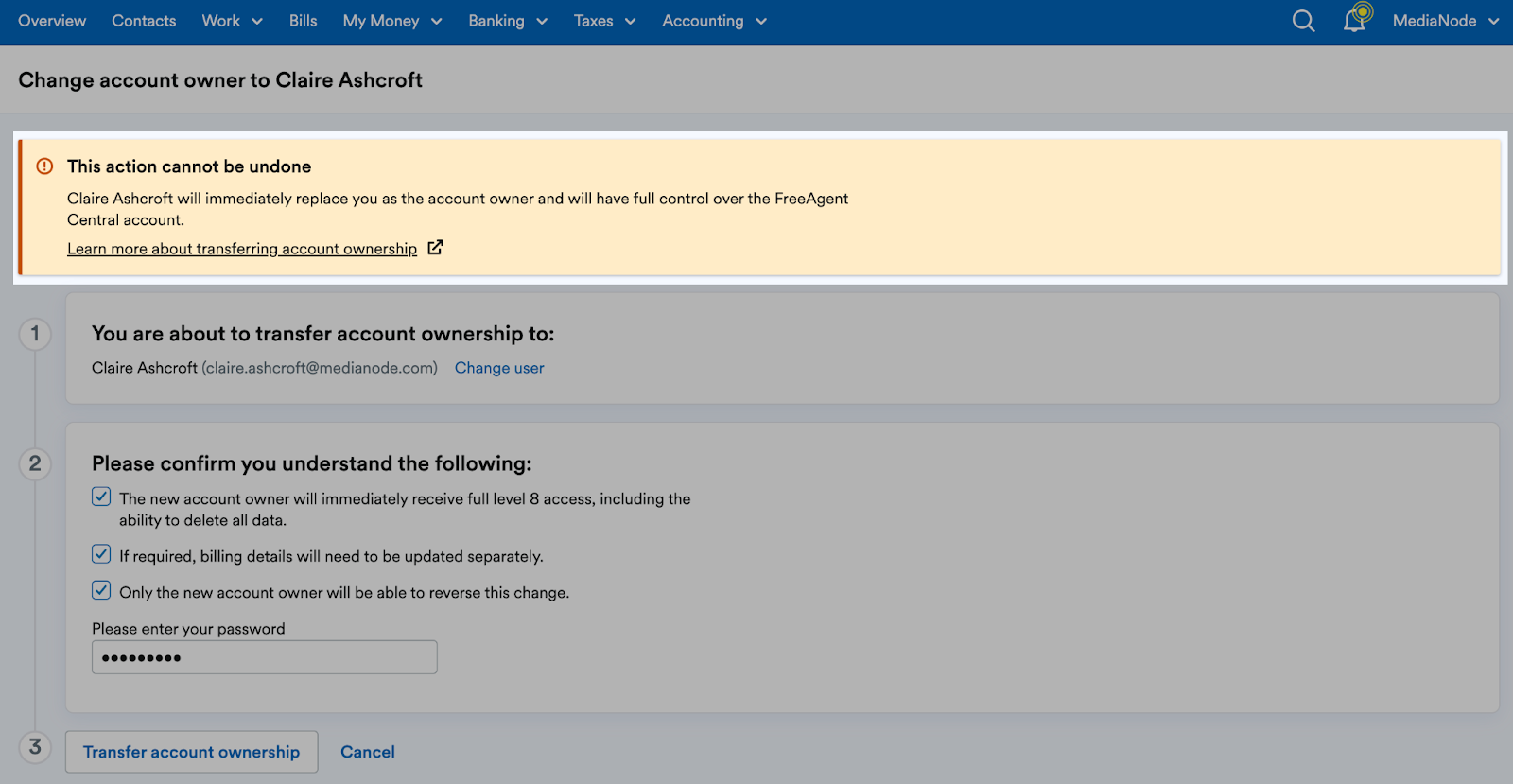 Notice telling user that this action cannot be undone.