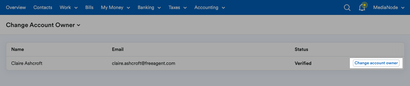 'Change account owner' button highlighted next to verified user.