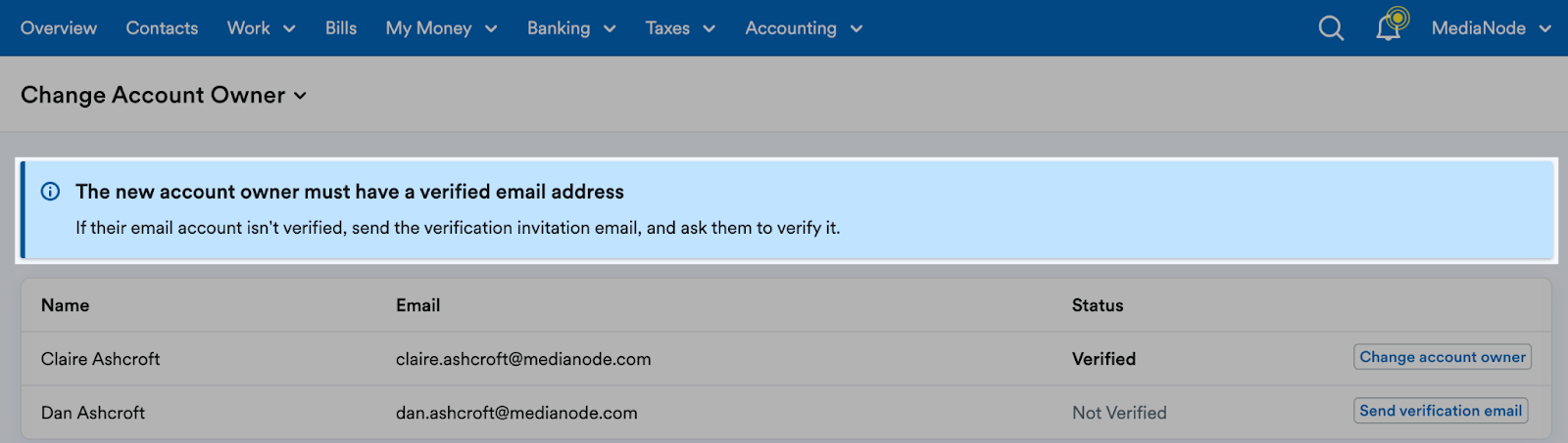 Notice telling user to send the verification email and ask the other user to verify.