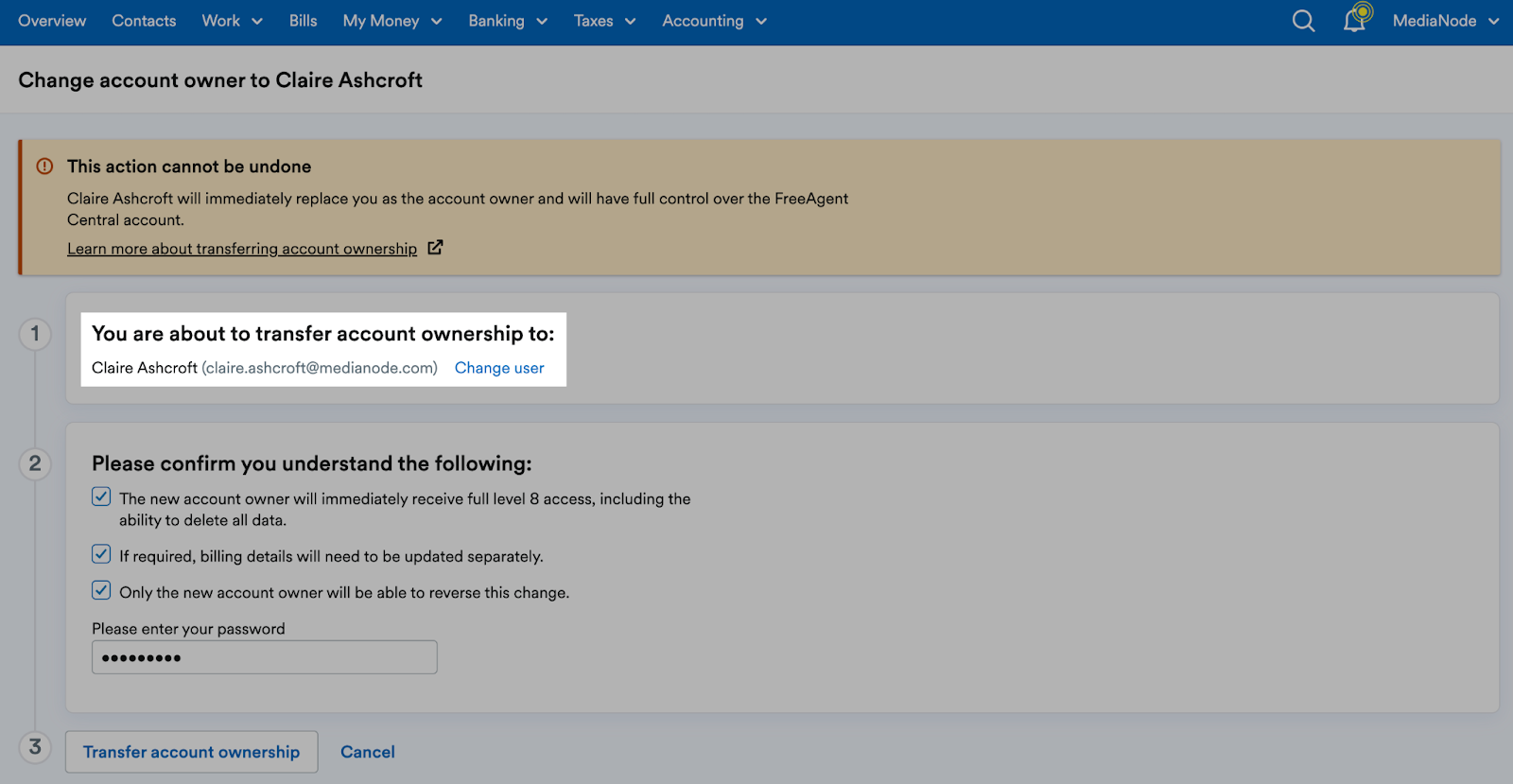 'Change user' button highlighted within first stage of transferring account ownership.