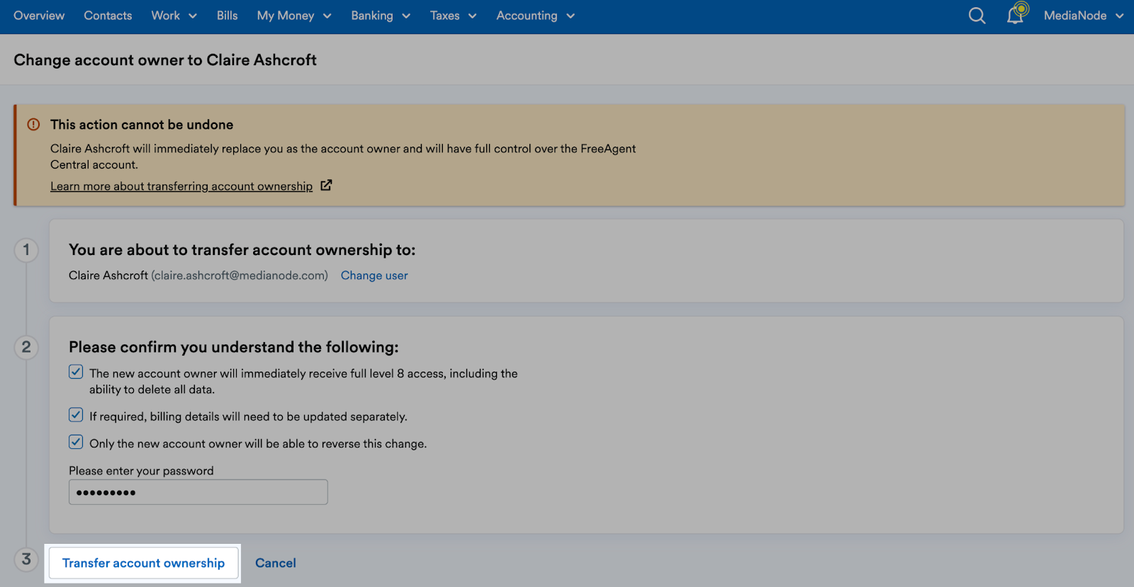 'Transfer account ownership' button highlighted at the bottom of the page.