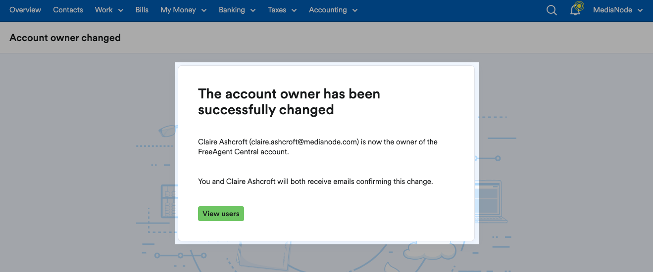 Pop up window telling user the account owner has successfully been changed.