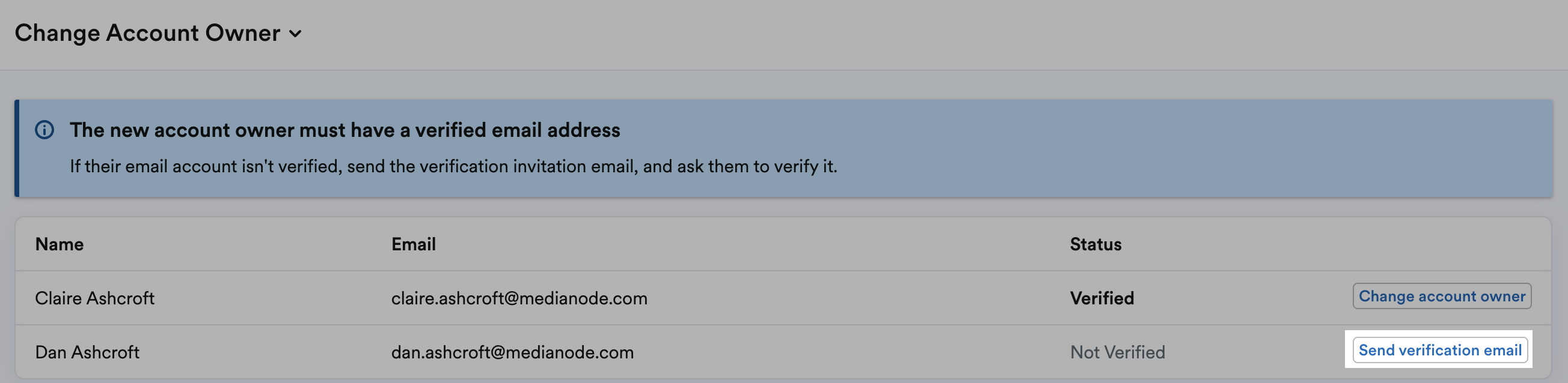 'Send verification email' button highlighted next to not verified user.